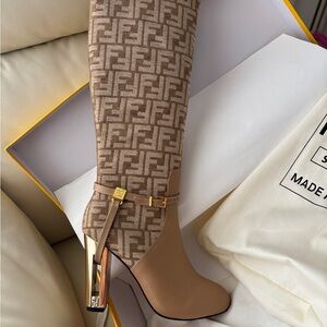 Fendi Tan and Gold Heeled Boots